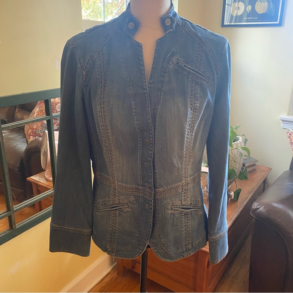 COLDWATER CREEK BANDED COLLAR DENIM JEAN SNAP CLOSURE 3 POCKETS JACKET P10